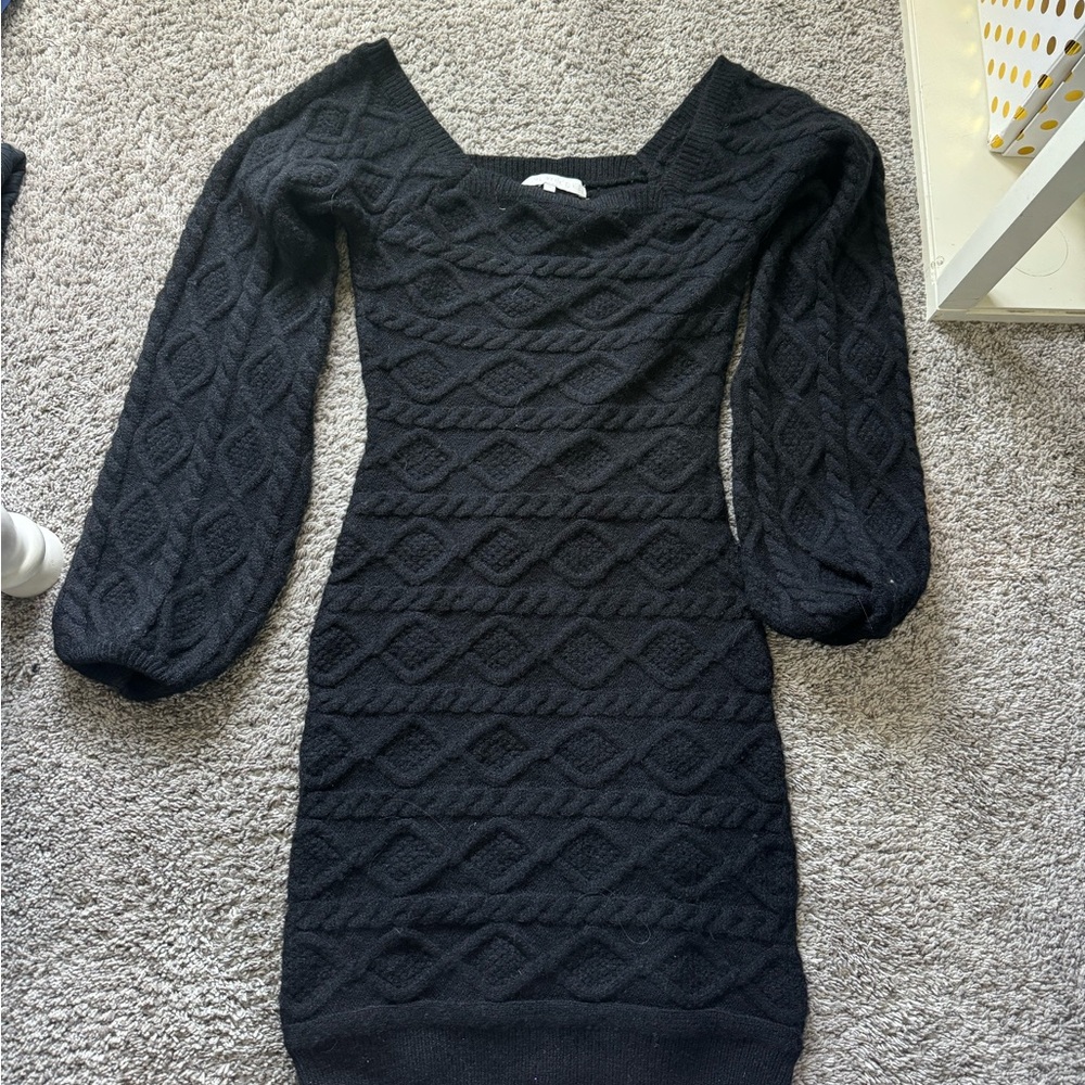 More To Come Black Cable-Knit Puff-Sleeve Sweater Dress